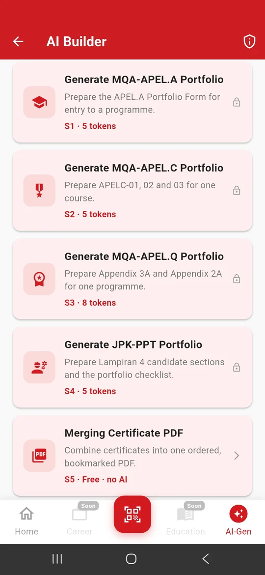 AI Builder list: APEL.A, APEL.C and JPK-PPT portfolios at 5 tokens, APEL.Q at 8 tokens, and Merging Certificate PDF free with no AI