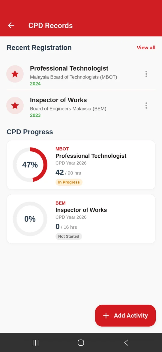 CPD Records showing MBOT Professional Technologist and BEM Inspector of Works registrations, with CPD progress of 42 of 90 hours and 0 of 16 hours for 2026