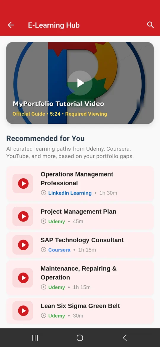 E-Learning Hub with the MyPortfolio Tutorial Video and recommended courses from LinkedIn Learning, Udemy and Coursera
