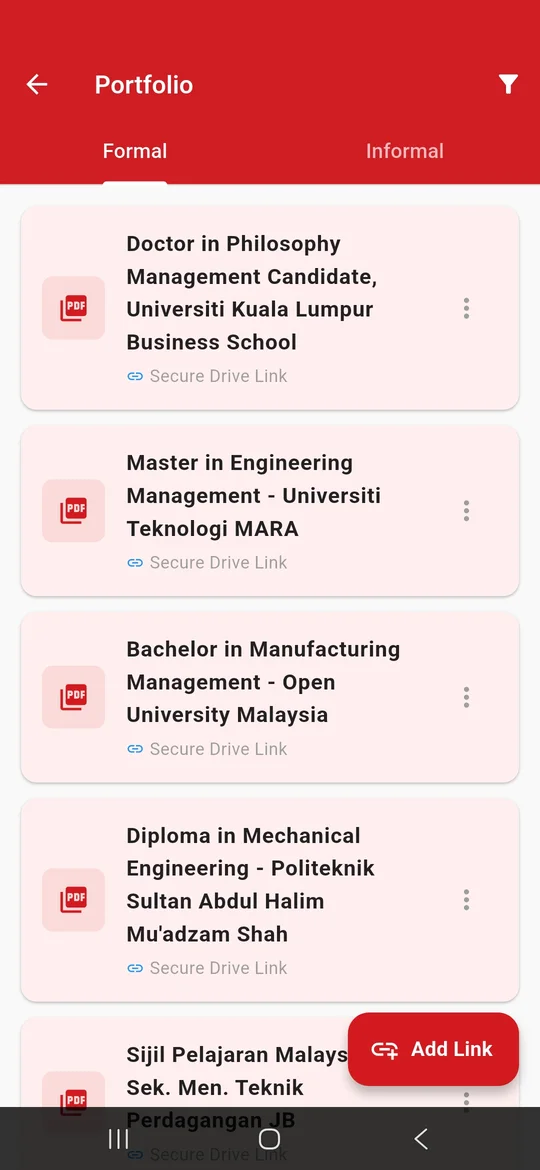 Portfolio Formal tab listing PhD, master's, bachelor's, diploma and SPM