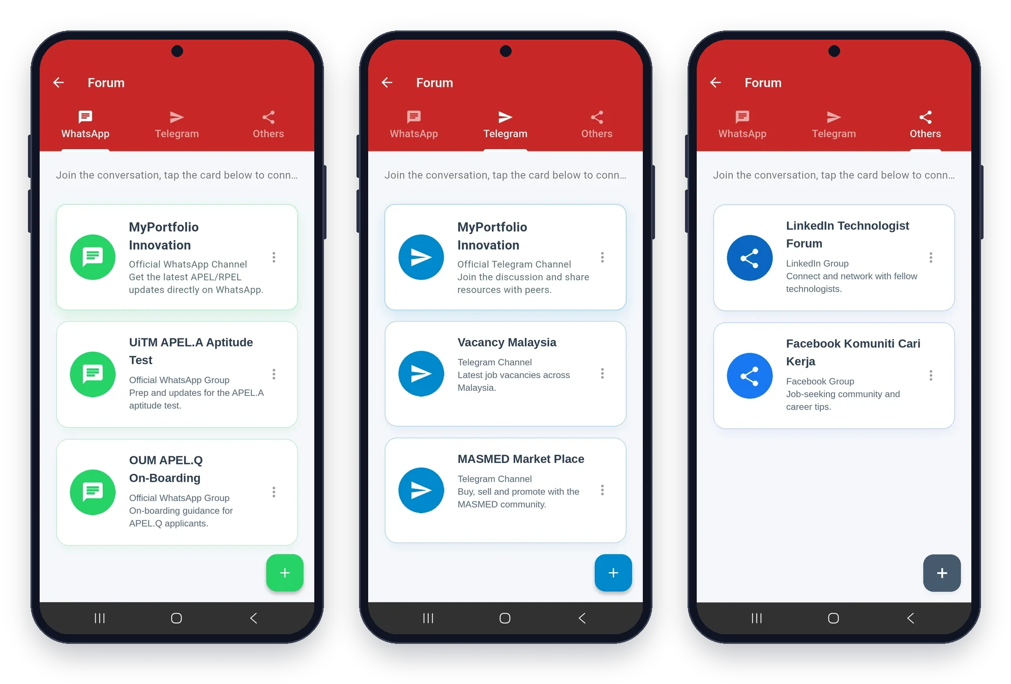 Three Forum screens side by side: WhatsApp, Telegram and Others tabs