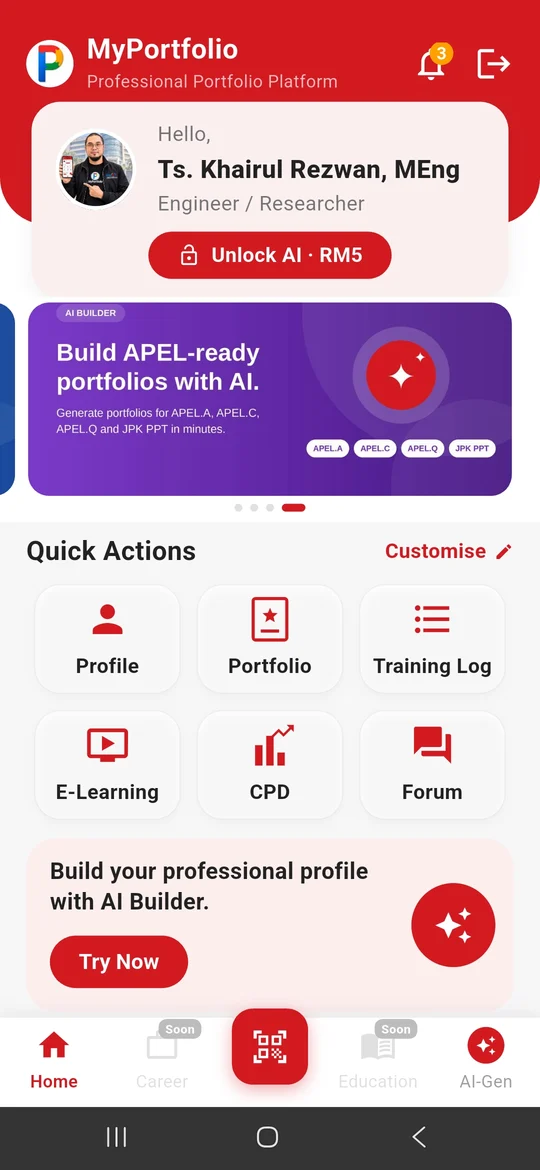 MyPortfolio home dashboard with profile photo, Unlock AI RM5 button, AI Builder banner for APEL.A, APEL.C, APEL.Q and JPK PPT, and Quick Actions