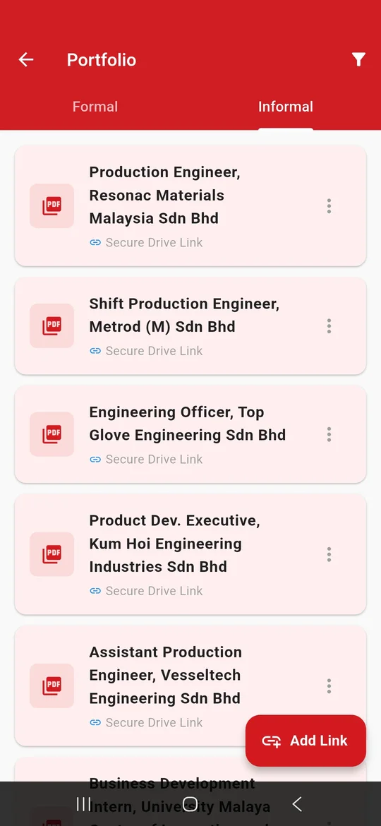 Portfolio Informal tab listing work experience by employer