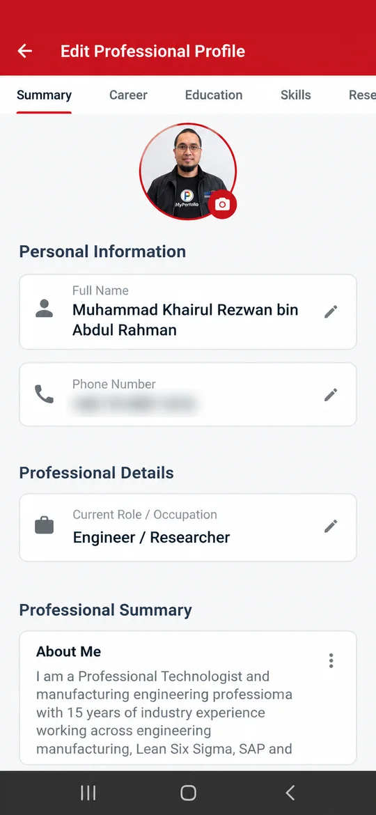 Edit Professional Profile screen with profile photo, name, role and summary