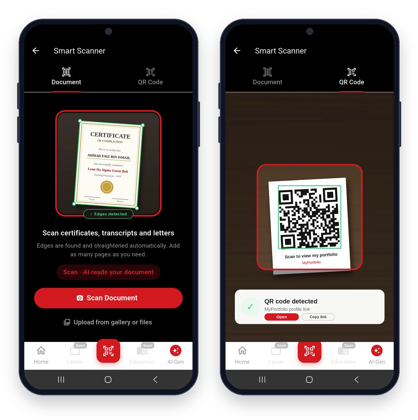 Smart Scanner side by side: Document tab detecting the edges of a certificate, and QR Code tab detecting a MyPortfolio profile link