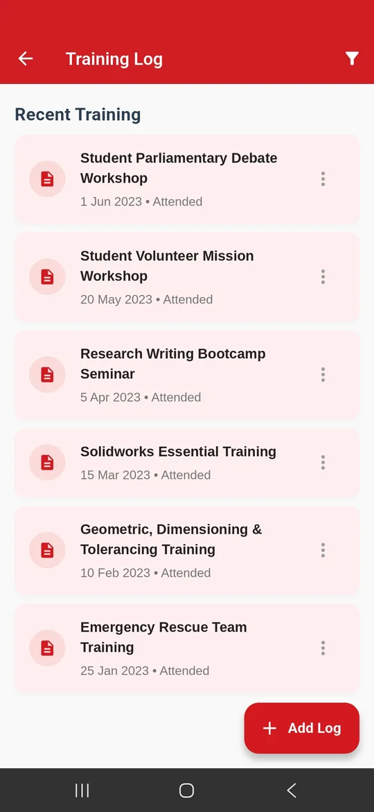 Training Log listing attended workshops, seminars and trainings such as GD&T, Solidworks and Emergency Rescue Team training